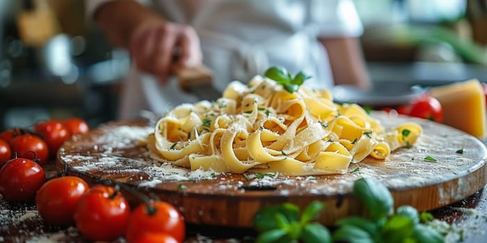 Classic Pasta on kitchen background. Diet and food concept