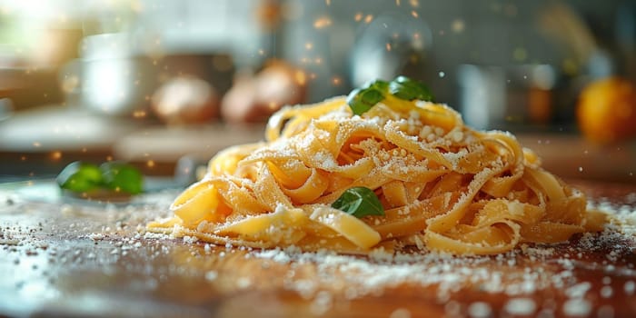 Classic Pasta on kitchen background. Diet and food concept