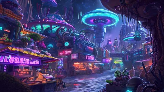 A vibrant, bustling futuristic city street lined with shops and restaurants, with pedestrians and flying vehicles filling the scene. Resplendent.