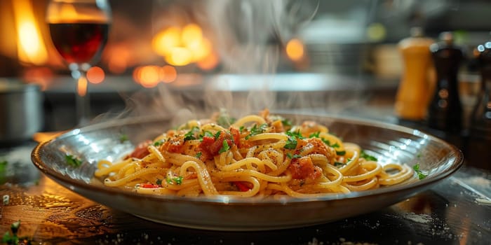 Classic Pasta on kitchen background. Diet and food concept