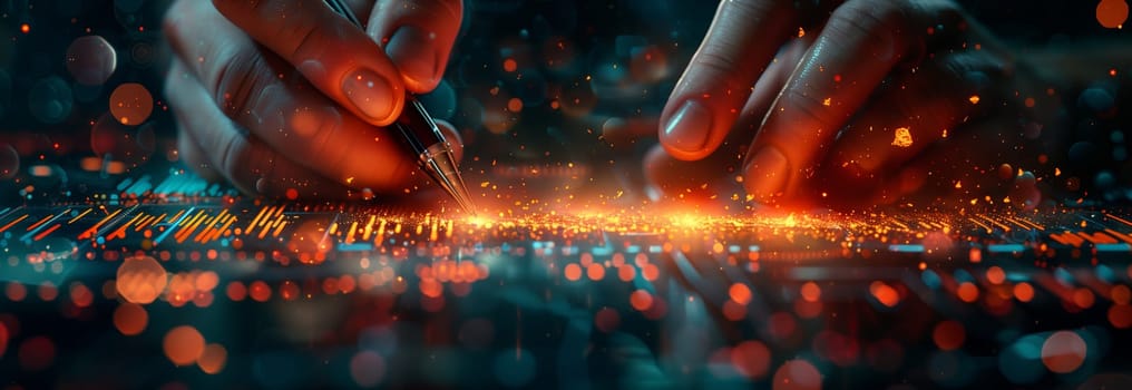 A closeup shot shows a persons hands holding a circuit board against a backdrop of a clear blue sky and distant clouds, creating a juxtaposition of technology and nature