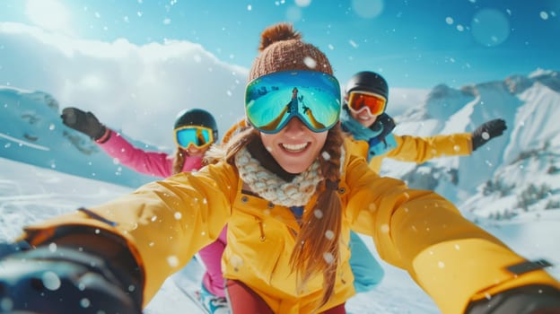 A group of happy people are taking a selfie in the snowy landscape, smiling and having fun while capturing the picturesque sky and clouds