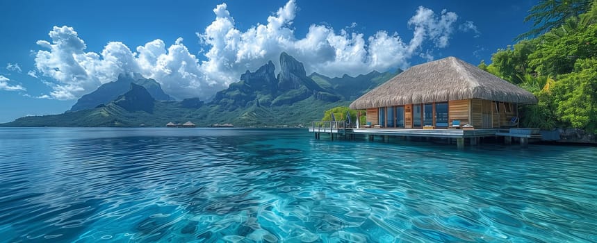 Amidst the fluid expanse of water and sky lies an isolated hut, surrounded by a natural landscape of clouds and ocean. A unique art of leisure and travel