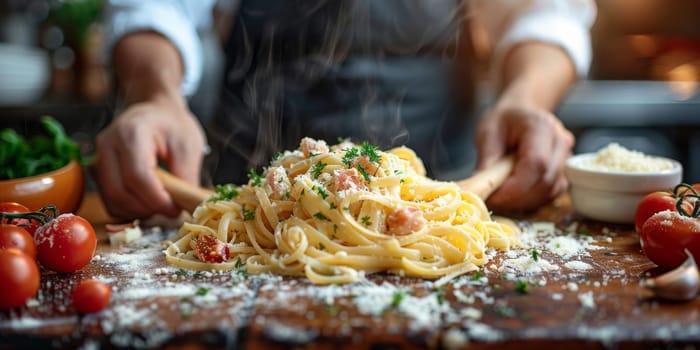 Classic Pasta on kitchen background. Diet and food concept