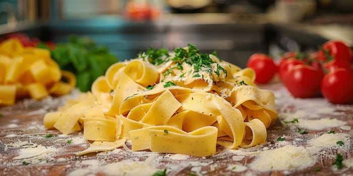 Classic Pasta on kitchen background. Diet and food concept