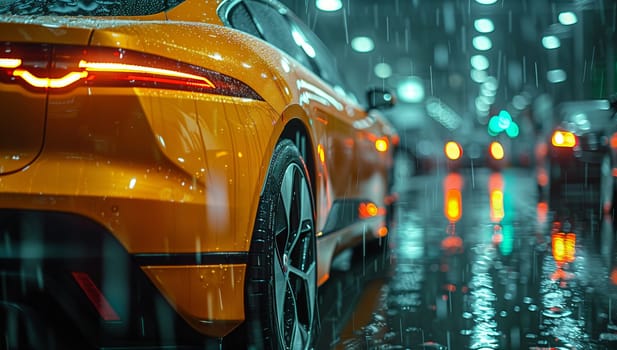An alloy wheel yellow sports car with automotive lighting is driving down a wet city street at night, splashing water with its tires