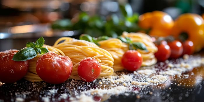 Classic Pasta on kitchen background. Diet and food concept