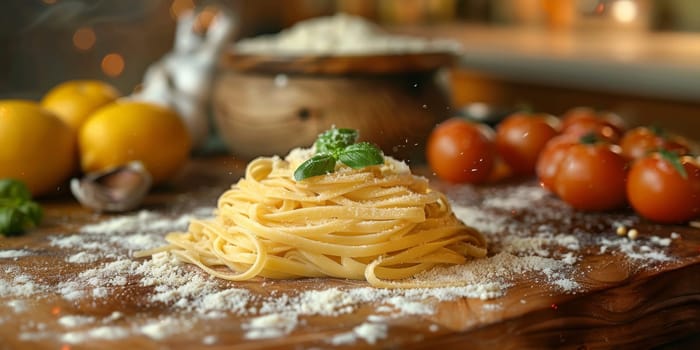 Classic Pasta on kitchen background. Diet and food concept