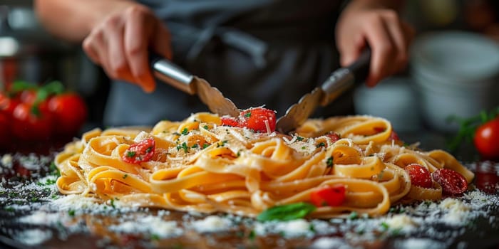 Classic Pasta on kitchen background. Diet and food concept