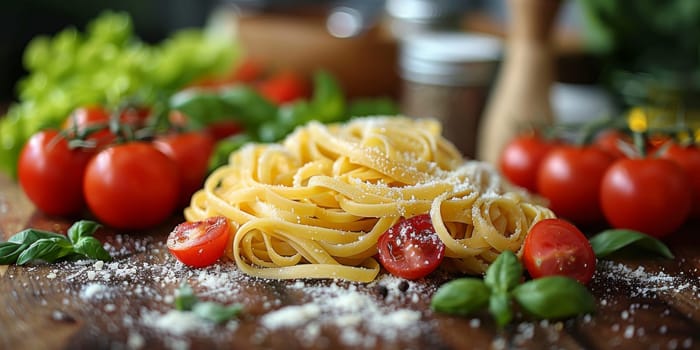 Classic Pasta on kitchen background. Diet and food concept