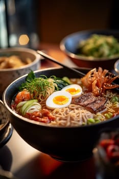 Asian noodle dish with various toppings, served hot.
