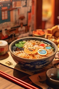 Bowl of traditional Asian ramen with egg, vegetables, and fish cake