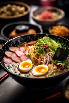 A bowl of ramen with eggs, meat, and vegetables.