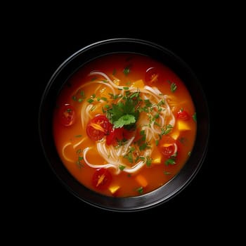 A vibrant bowl of soup with noodles, tomatoes, herbs, and a rich broth.