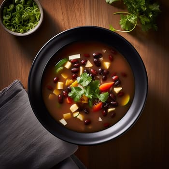 A bowl of vegetable soup with beans and herbs, served on a wooden table.