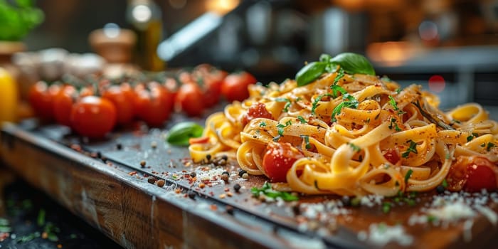 Classic Pasta on kitchen background. Diet and food concept