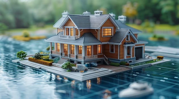 A picturesque house on a dock surrounded by water, plants, and nature. The cozy porch overlooks the serene lake, offering a unique real estate opportunity in a stunning natural landscape