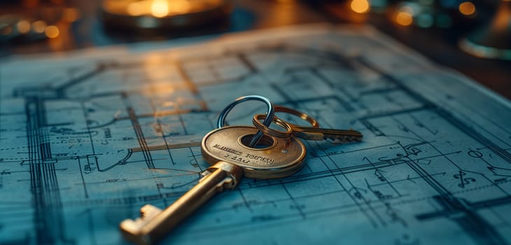 A close up shot of a shiny metal key placed on top of an electric blue blueprint, reflecting the font with musical instruments and eyewear in the background