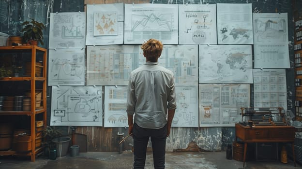 A man stands in front of a wall of maps, illuminated by the darkness of the street. The facade of the building is covered in art sleeve artwork