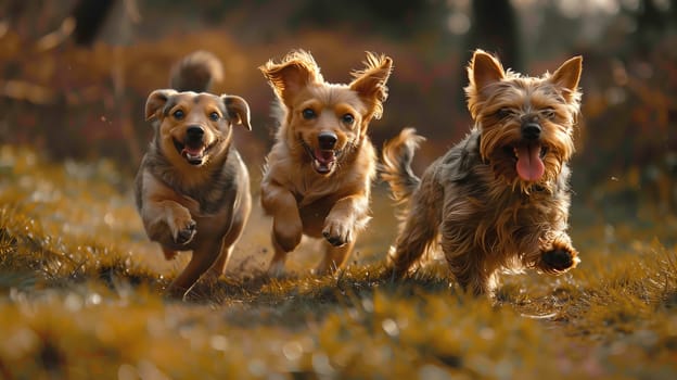 Three companion dogs of the Canis lupus familiaris species are running together in a grassy field, enjoying their time as terrestrial carnivorous pets