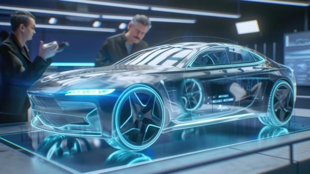 A futuristic car design is presented in a virtual showroom, illuminated by neon lights and showcasing the latest in automotive technology. AIG41