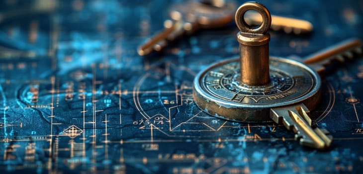 A close up shot of a metallic lock with keys on an electric blue background. The intricate pattern of screws in a circular design adds an engineering feel to the image
