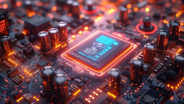 An electric blue computer chip sits on a motherboard at an urban design and technology event, showcasing the intersection of electronic engineering and city landscapes