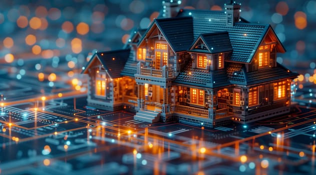 A model of a house with electric blue lights on its facade is placed on a table, creating a miniature cityscape in a winter landscape