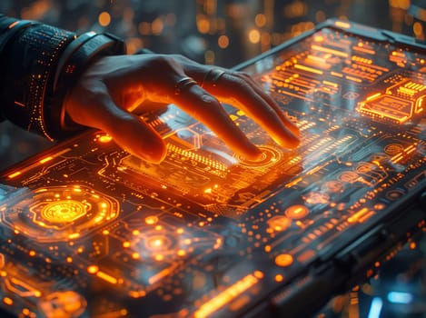 Close up of a hand operating a futuristic tablet inside a motor vehicle, with automotive lighting reflecting off the metal surface of the hood