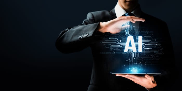 Human interact with AI artificial intelligence brain processor in concept of AI artificial intelligence engineering, big data and AI machine learning to use generative AI for business support. NLP.