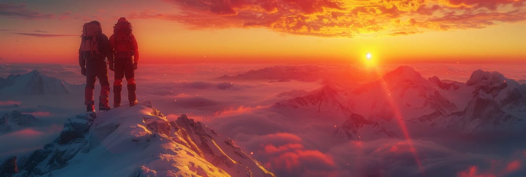 Two individuals enjoying the orange afterglow of sunset on a mountain peak, surrounded by a red sky at dusk, with clouds painting the sky in hues of red and orange