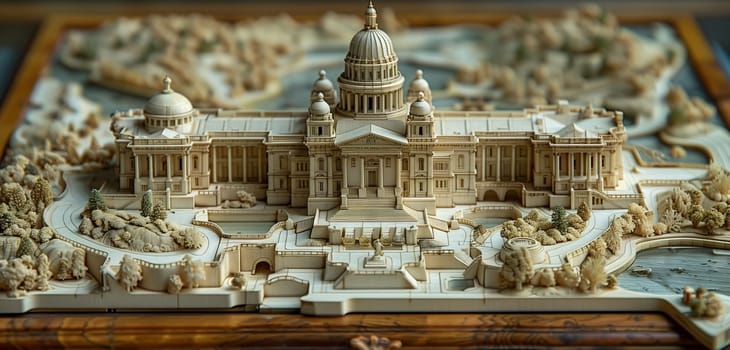 An intricate model of the Capitol Building, an iconic tourist attraction, is displayed on a wooden table, showcasing medieval architecture and history