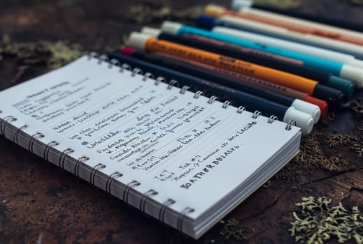 Office supplies including a notebook, pens, and other writing implements are neatly arranged on a wooden table. The stationery and paper provide a perfect backdrop for writing or drawing