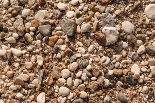 Pebbles on the seashore, close-up. Natural background