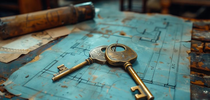 A pair of keys rests on a blueprint next to a metalworking hand tool and a stonemasons hammer on a table. The table is made of hardwood with wood stain, perfect for recreation and serving tableware