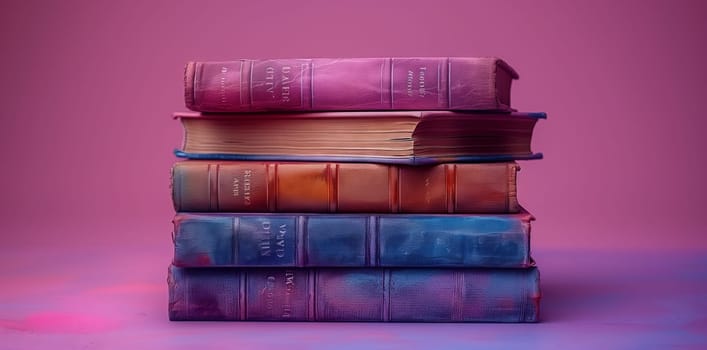 A stack of books in a variety of colors such as violet, magenta and electric blue, sitting on a wood surface against a purple background