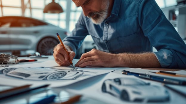 A man, using his hand and fingers, is making a gesture while drawing a car on a piece of paper, showcasing his artistic and engineering skills. AIG41