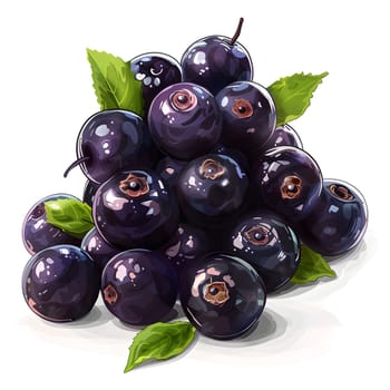A cluster of nutrientpacked blueberries, a superfood, with vibrant green leaves, a type of seedless fruit, displayed on a clean white background
