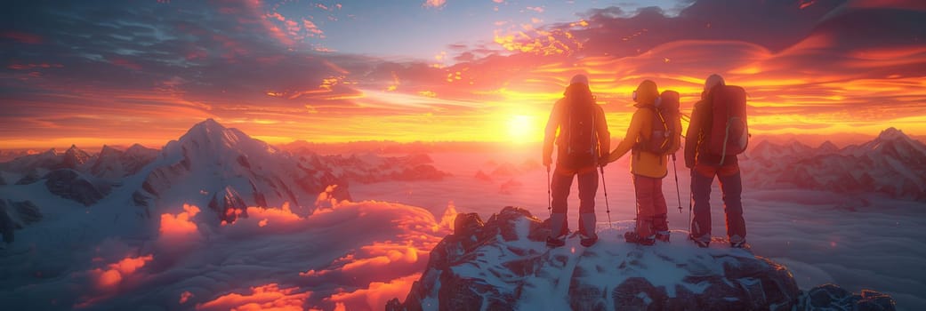 A group of people admiring the afterglow on a snowcovered mountain summit at sunset, surrounded by a colorful sky and breathtaking natural landscape