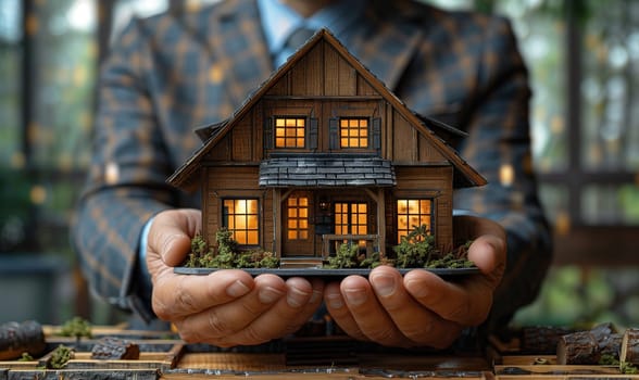 A man in a suit is gesturing towards a model house in his hand, showcasing the intricate details of the building facade, windows, and wooden structure