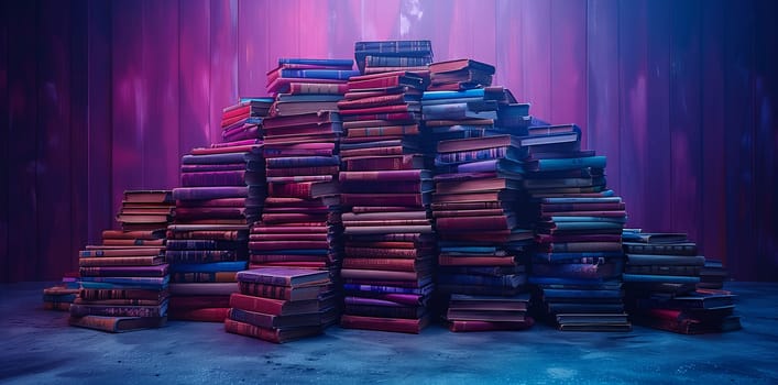 A stack of books in various shades of purple and pink creating a colorful display in a dimly lit room, resembling a piece of art in the darkness