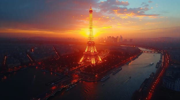 A stunning aerial view of the Eiffel Tower at sunset in Paris, with a colorful afterglow in the sky and reflections in the nearby water
