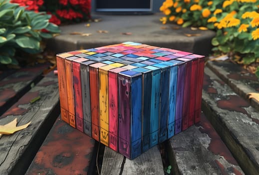 A rectangular flower pot with magenta flowers sits on a grassy floor next to a cube made of books on a wooden table, creating an artistic and colorful landscape with electric blue accents