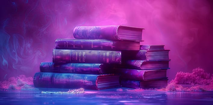 A stack of books in shades of violet and magenta sits on the table, creating a colorful art piece in the rooms landscape