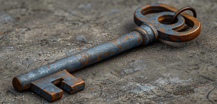 An old rusty key made of steel is lying on the ground, surrounded by wood, gas, auto parts, composite materials, nickel, pipes, and other household hardware