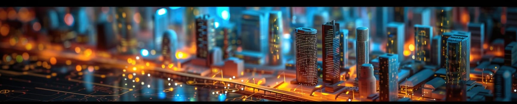 A conceptual visualization of a smart city with glowing structures on a digital circuit board, symbolizing urban technology integration concept. AIG41