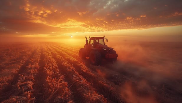 A vehicle traverses the natural landscape, plowing a field as the sun sets on the horizon, casting a warm afterglow across the dusk sky