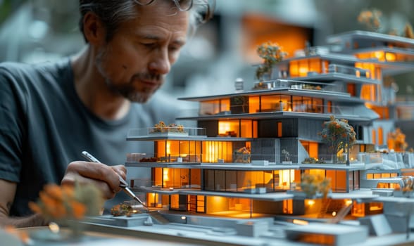 An engineer is using a brush to paint a model of a building. The process combines art and science, just like creating a delicious dish using composite materials in tableware