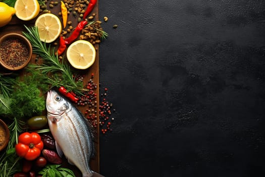 Fresh fish surrounded by herbs, spices, and citrus on dark surface.
