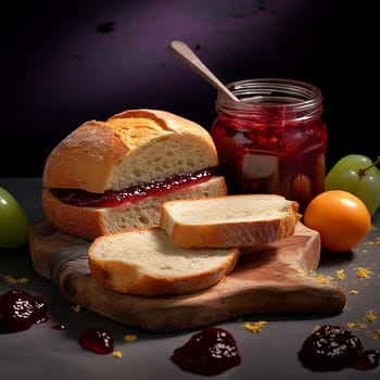Sliced bread with jam on wooden board, surrounded by fruits.